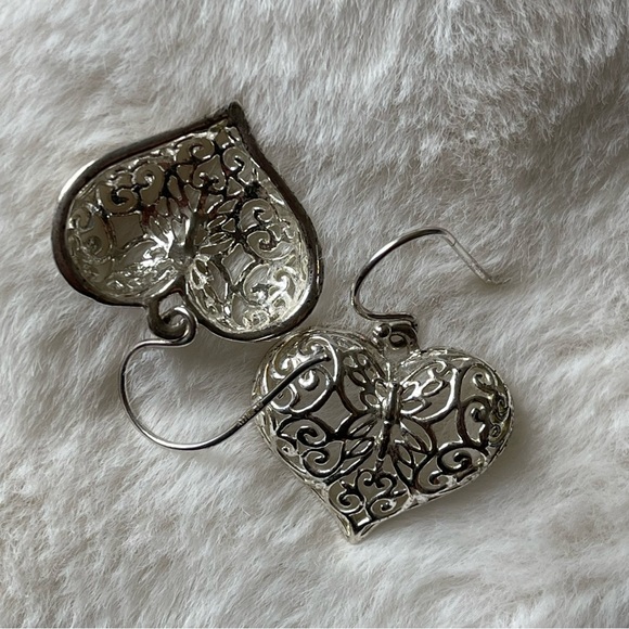 ATI BR TH | Silver Plated Heart Hollow Filigree Style Drop Wire Ear Hoops - Picture 7 of 10